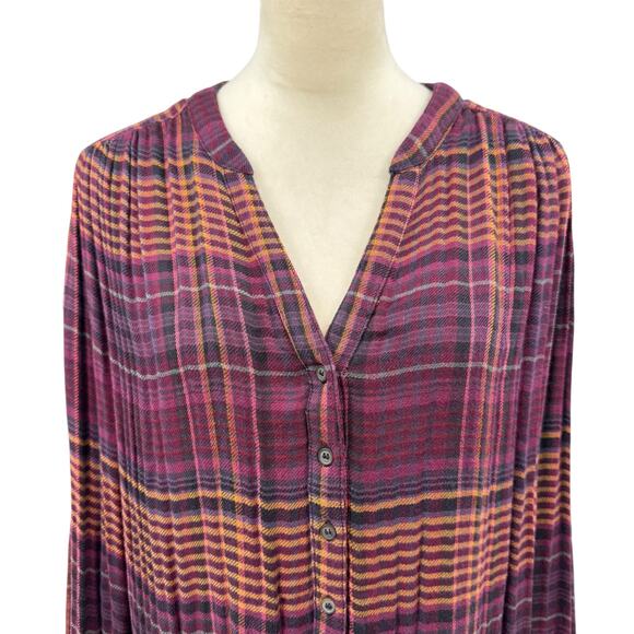 Free People Come On Over Maroon Wine Plaid Flannel Oversized Long Sleeve Shirt - Picture 6 of 14